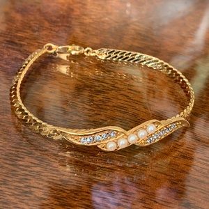Richelieu Vintage Bracelet faux pearl blue rhinestone gold tone goldtone Stamped